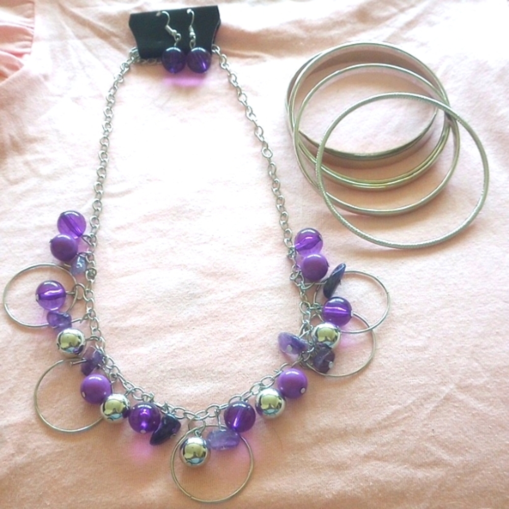 Purple and Silver Necklace and Earring and Bangle Set